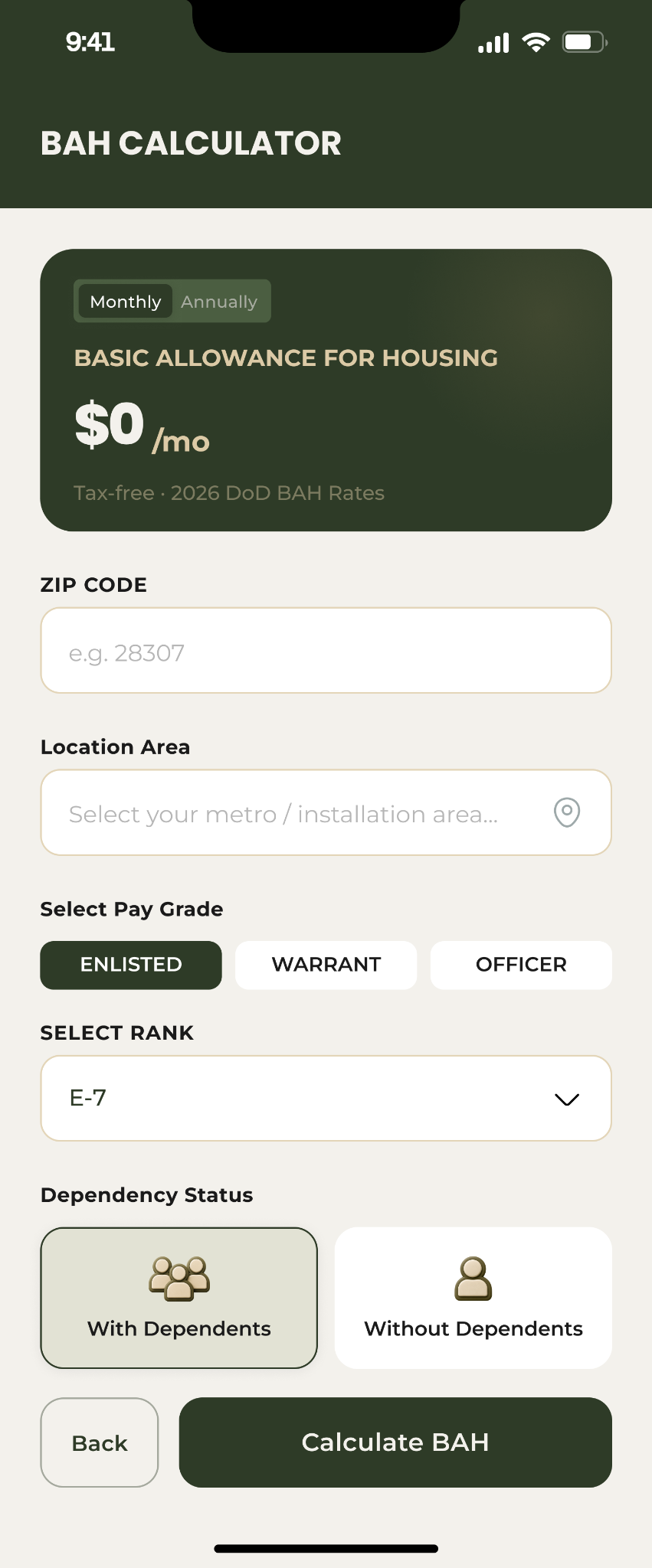 CIVVIE BAH calculator screen